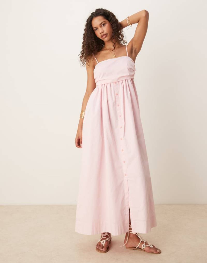 ASOS DESIGN - Trägerloses Maxikleid in Babyrosa mit geraffter Brustpartie und durchgehender Knopfleiste von ASOS DESIGN
