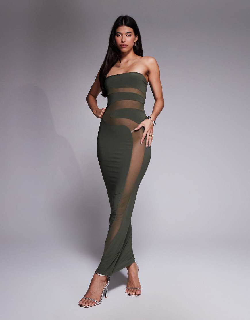 ASOS DESIGN - Trägerloses Maxikleid in Khaki mit geformtem Detail-Grün von ASOS DESIGN