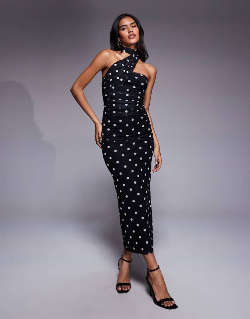 ASOS DESIGN - Trägerloses Maxikleid in Schwarz mit Polka-Dots und Schaldetail von ASOS DESIGN