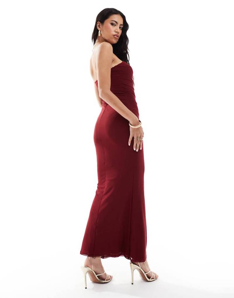 ASOS DESIGN - Trägerloses Midikleid aus Netzstoff in Weinrot mit Wasserfallkragen von ASOS DESIGN