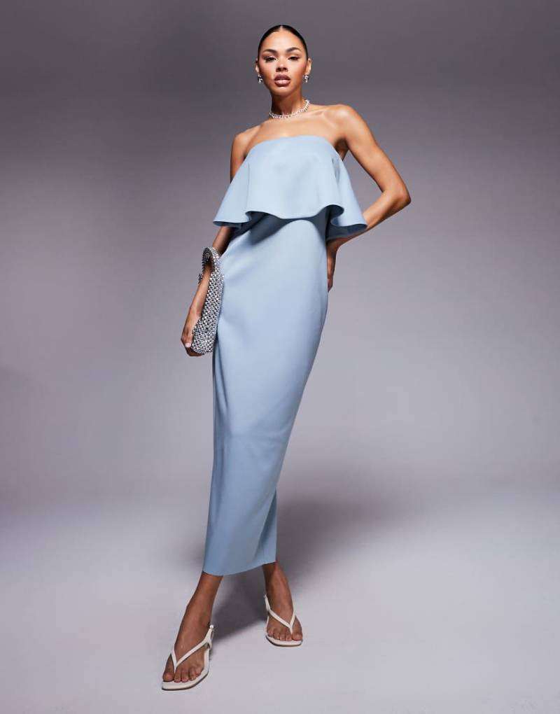 ASOS DESIGN - Trägerloses Midikleid aus neoprenartigem Stoff in Blau mit Schößchendetail von ASOS DESIGN