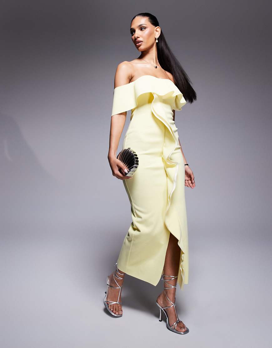ASOS DESIGN - Trägerloses Midikleid aus neoprenartigem Stoff in Gelb mit Rüschendetails von ASOS DESIGN