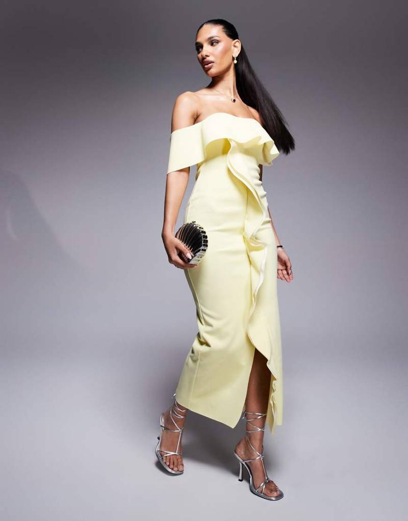 ASOS DESIGN - Trägerloses Midikleid aus neoprenartigem Stoff in Gelb mit Rüschendetails von ASOS DESIGN