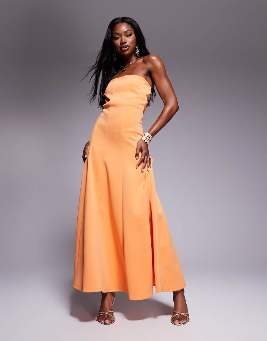 ASOS DESIGN - Trägerloses Midikleid aus neoprenartigem Stoff in Orange mit weitem Saum und Nahtdetails von ASOS DESIGN