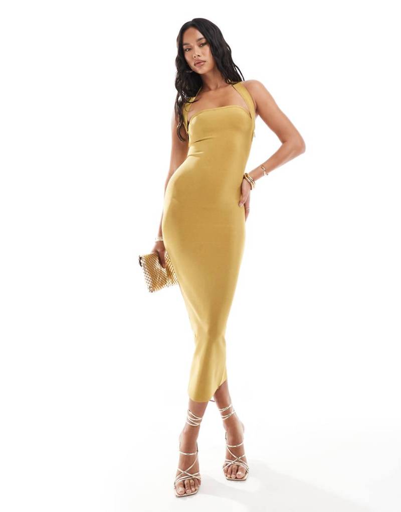 ASOS DESIGN - Trägerloses Midikleid in Gold mit eckigem Ausschnitt und Neckholder-Goldfarben von ASOS DESIGN