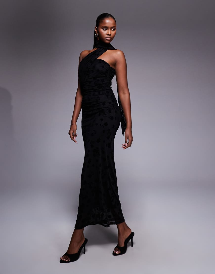 ASOS DESIGN - Trägerloses Netzstoff-Maxikleid in Schwarz mit Schal-Detail und beflocktem Blumenmuster von ASOS DESIGN