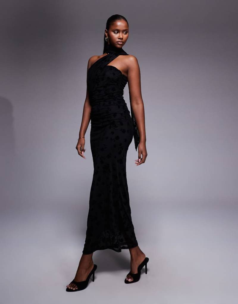 ASOS DESIGN - Trägerloses Netzstoff-Maxikleid in Schwarz mit Schal-Detail und beflocktem Blumenmuster von ASOS DESIGN