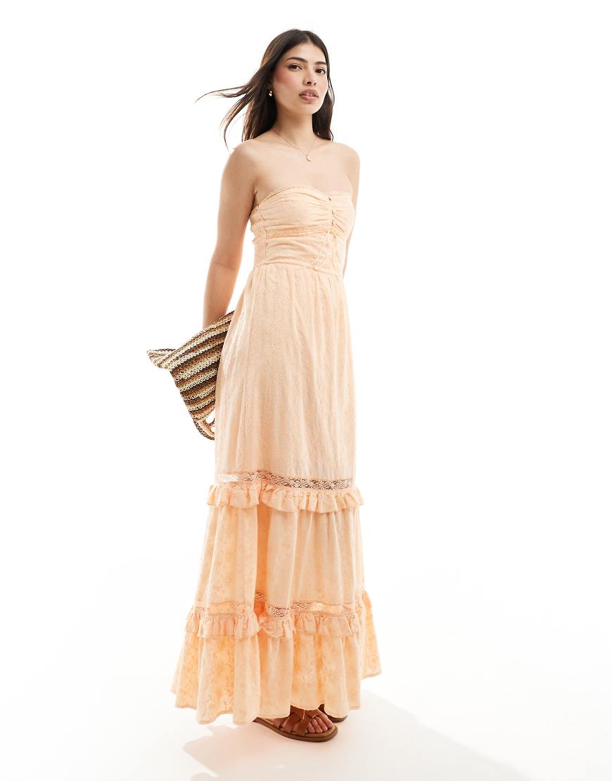 ASOS DESIGN - Trägerloses Premium-Sommerkleid in Pfirsich mit Lockstickerei und geknöpftem Korsett-Detail-Orange ASOS DESIGN - Trägerloses Premium-Sommerkleid in Pfirsich mit Lockstickerei und geknöpftem Korsett-Detail-Orange von ASOS DESIGN
