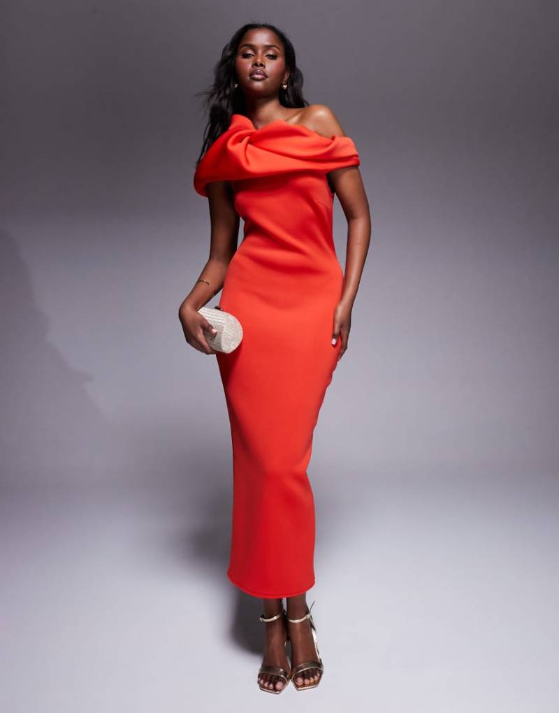 ASOS DESIGN - Trägerloses strukturiertes Midikleid aus neoprenartigem Material in Rot mit Puffärmeln von ASOS DESIGN