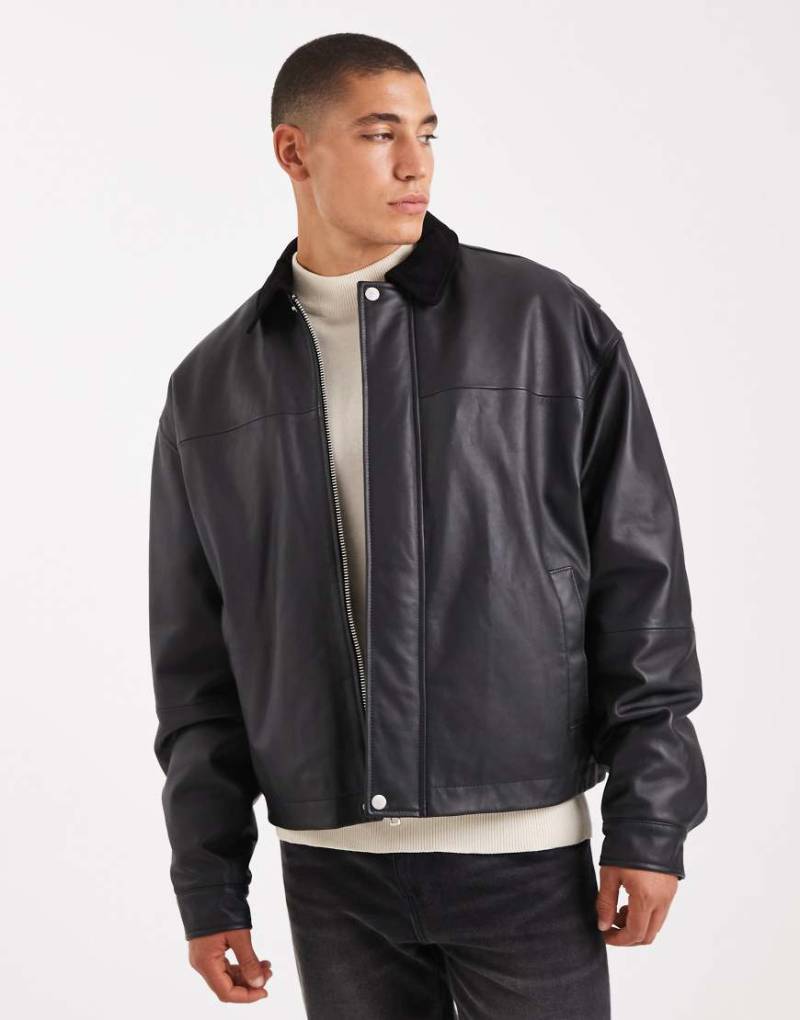 ASOS DESIGN - Trainerjacke aus Echtleder in Schwarz von ASOS DESIGN