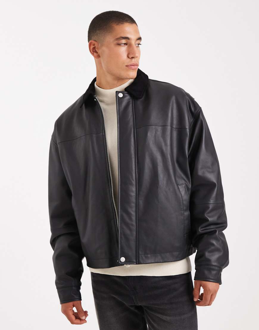 ASOS DESIGN - Trainerjacke aus Echtleder in Schwarz von ASOS DESIGN
