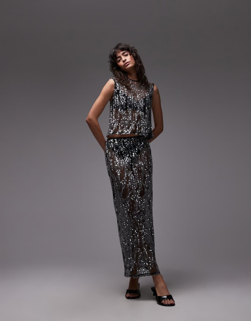 ASOS DESIGN - Transparenter Netzstoff-Maxirock in Schwarz mit Paillettenbesatz von ASOS DESIGN