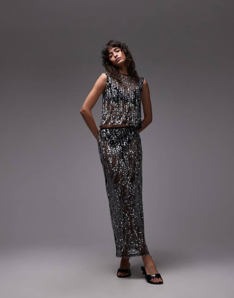 ASOS DESIGN - Transparenter Netzstoff-Maxirock in Schwarz mit Paillettenbesatz von ASOS DESIGN