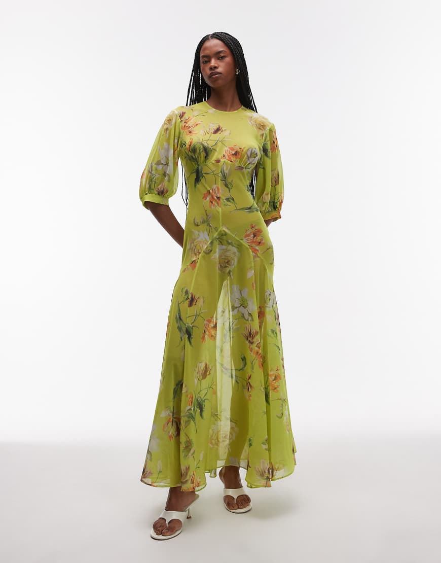 ASOS DESIGN - Transparentes Maxi-Freizeitkleid in Grün mit Ziernaht und Vintage-Blumenmuster-Bunt ASOS DESIGN - Transparentes Maxi-Freizeitkleid in Grün mit Ziernaht und Vintage-Blumenmuster-Bunt von ASOS DESIGN