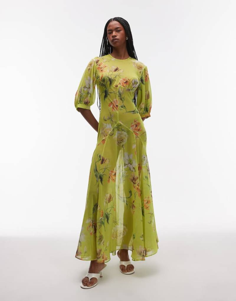 ASOS DESIGN - Transparentes Maxi-Freizeitkleid in Grün mit Ziernaht und Vintage-Blumenmuster-Bunt von ASOS DESIGN