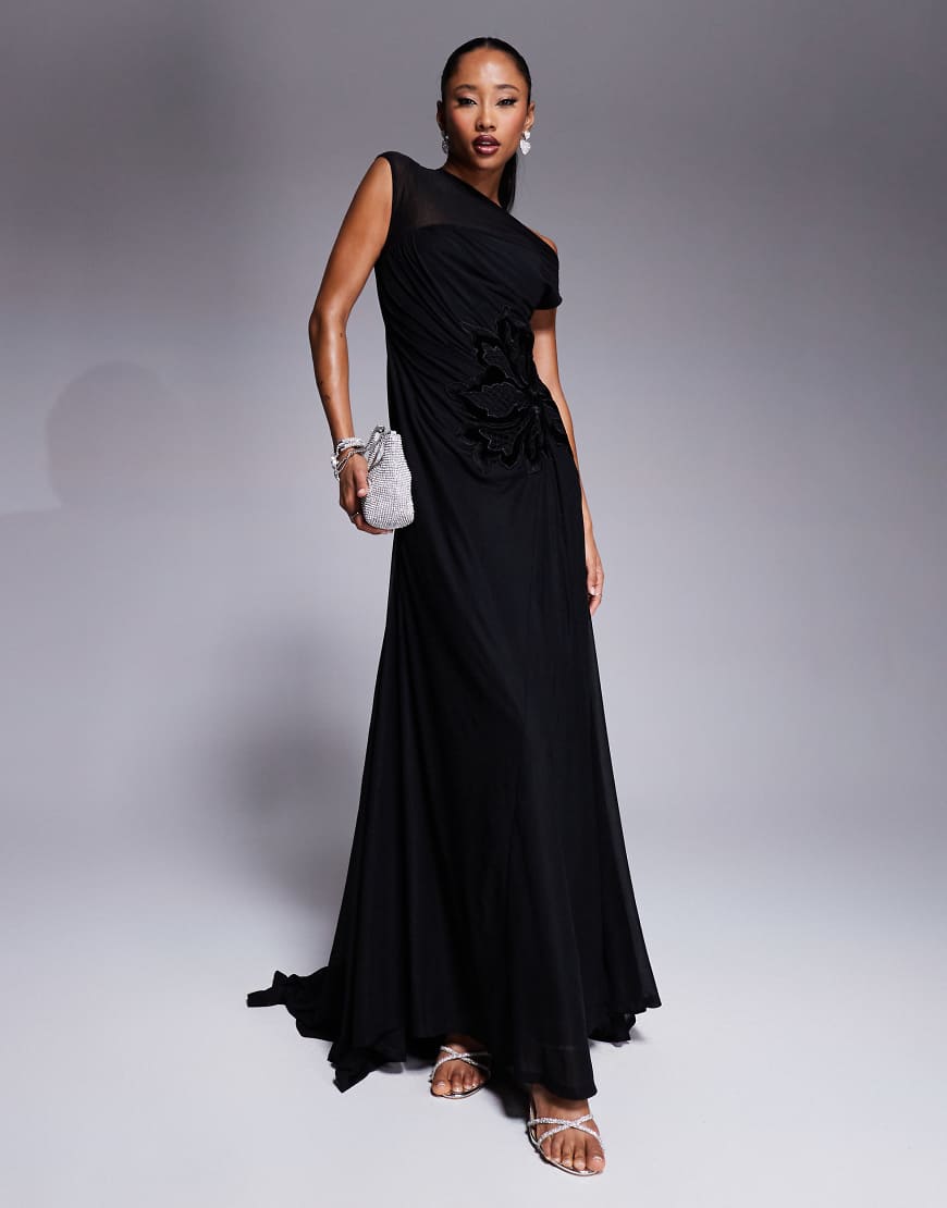 ASOS DESIGN - Transparentes Maxikleid in Schwarz mit Blumenapplikation und Schleppe von ASOS DESIGN