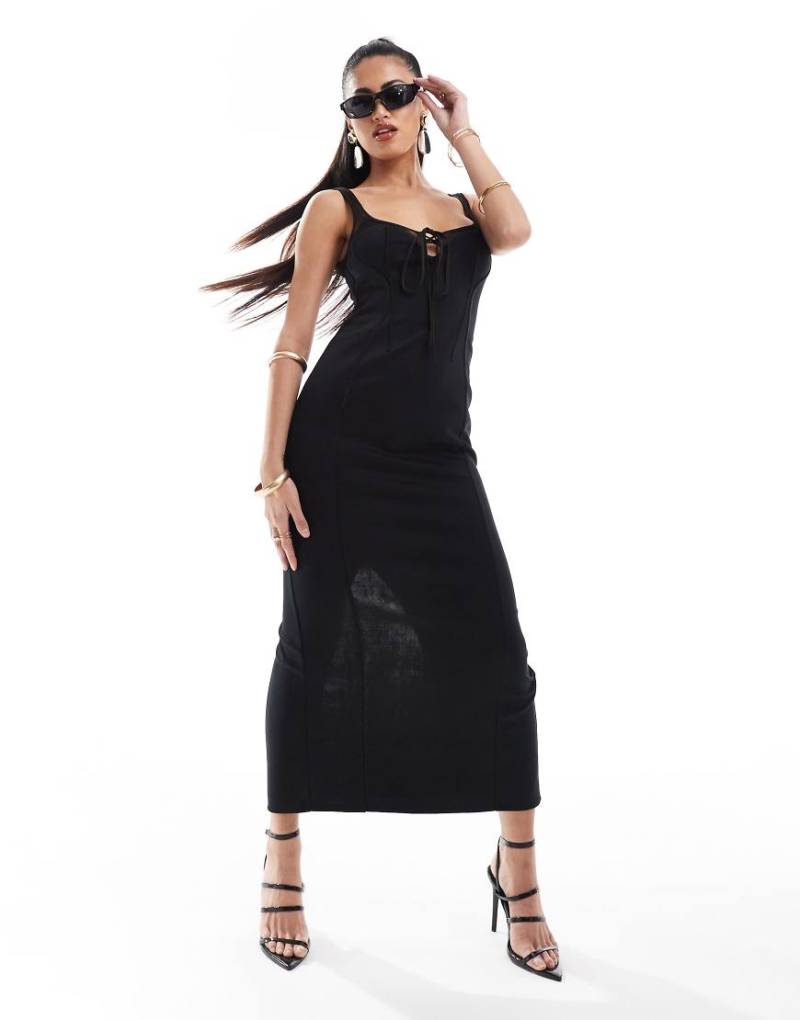ASOS DESIGN - Transparentes Midikleid in Schwarz mit Körbchendetail und geschnürter Vorderseite von ASOS DESIGN