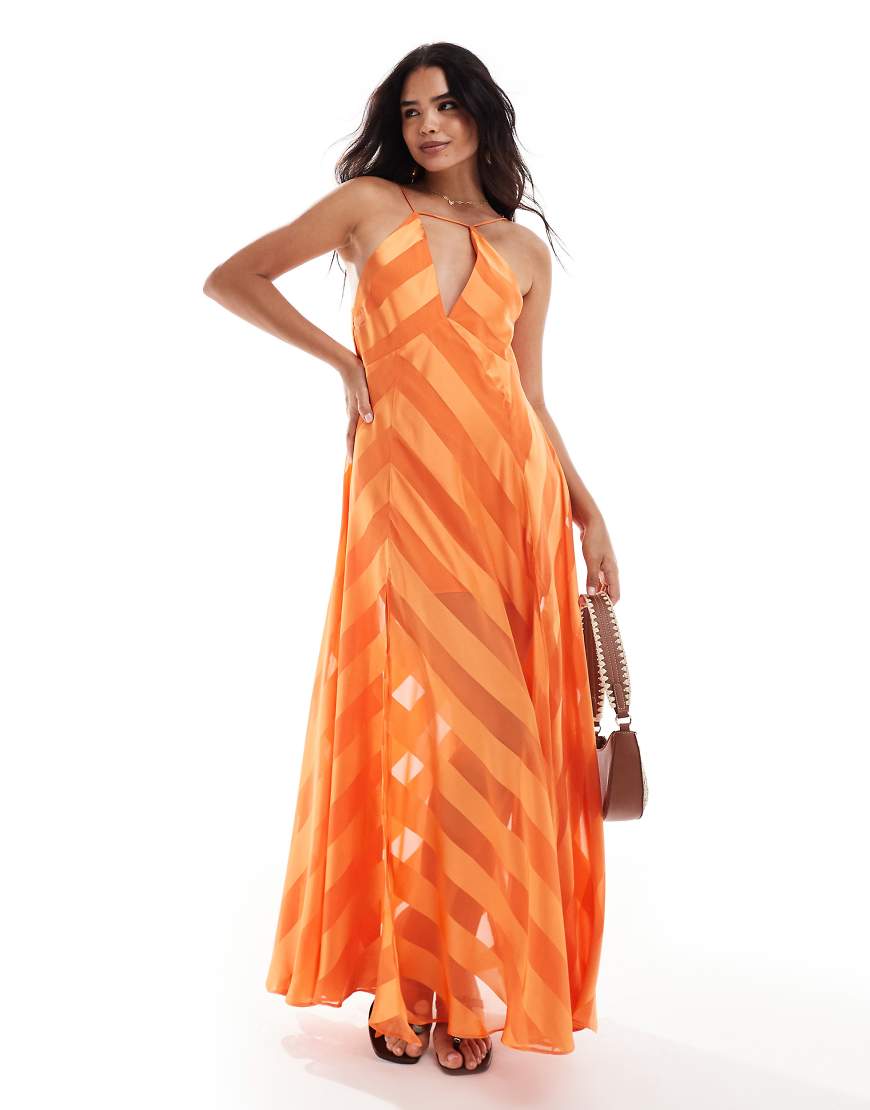 ASOS DESIGN - Trapezförmiges, voluminöses Camisole-Maxikleid aus Satin in Orange gestreift ASOS DESIGN - Trapezförmiges, voluminöses Camisole-Maxikleid aus Satin in Orange gestreift von ASOS DESIGN