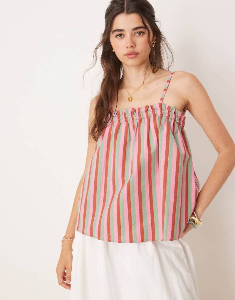ASOS DESIGN - Trapezförmiges Camisole-Top aus Leinenmix in gestreiftem Rosa-Bunt von ASOS DESIGN