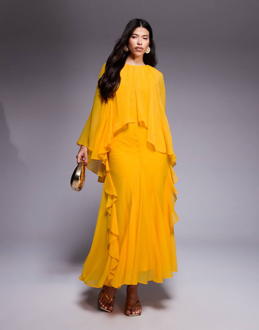 ASOS DESIGN - Trapezförmiges Chiffon-Maxikleid in Orange mit Overlay und Rüschen ASOS DESIGN - Trapezförmiges Chiffon-Maxikleid in Orange mit Overlay und Rüschen von ASOS DESIGN