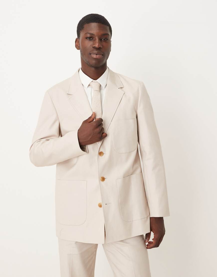 ASOS DESIGN - Twill-Anzugjacke in normaler Passform aus Baumwoll-Leinen-Mix in Steinbeige-Neutral von ASOS DESIGN