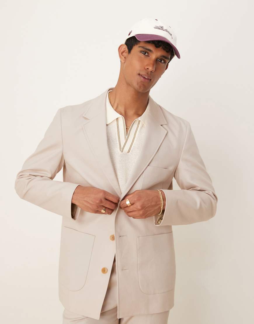 ASOS DESIGN - Twill-Anzugjacke in normaler Passform aus Baumwoll-Leinen-Mix in Steinbeige-Neutral ASOS DESIGN - Twill-Anzugjacke in normaler Passform aus Baumwoll-Leinen-Mix in Steinbeige-Neutral von ASOS DESIGN