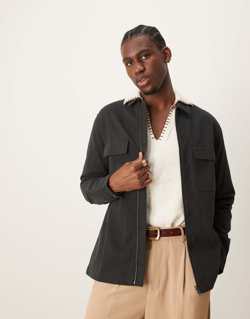 ASOS DESIGN - Twill-Hemdjacke in Schwarz mit Reißverschluss ASOS DESIGN - Twill-Hemdjacke in Schwarz mit Reißverschluss von ASOS DESIGN