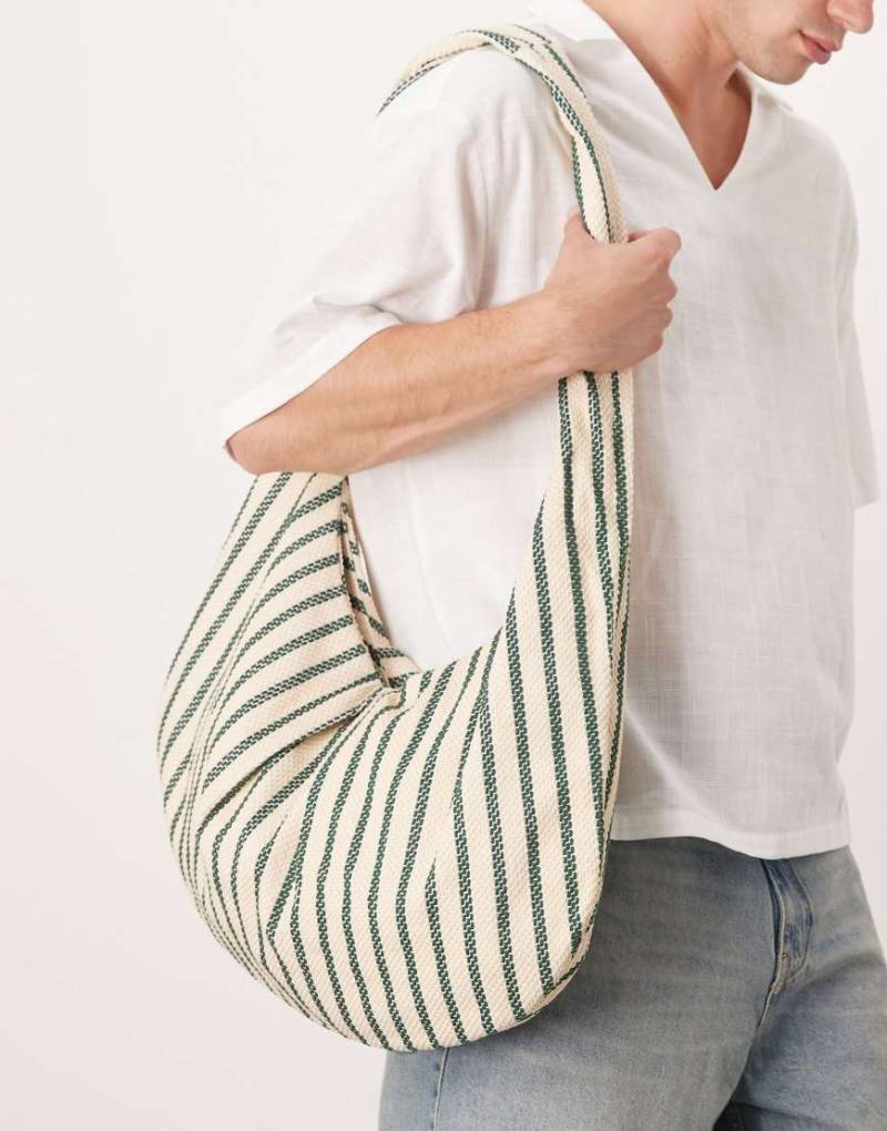 ASOS DESIGN - Umhängetasche aus Canvas in Ecru und Grün gestreift von ASOS DESIGN