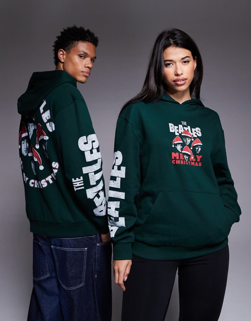 ASOS DESIGN - Unisex-Kapuzenpullover im Relaxed Fit in Dunkelgrün mit „Beatles Christmas"-Print von ASOS DESIGN