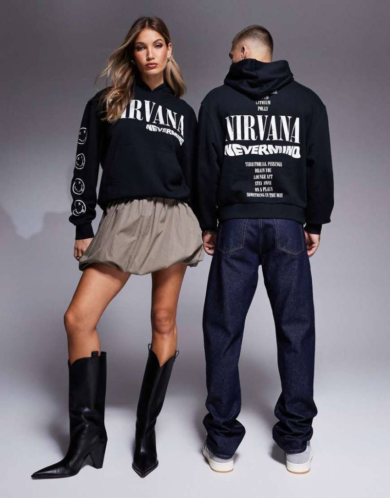 ASOS DESIGN - Unisex-Kapuzenpullover in Schwarz mit „Nirvana"-Lizenzprints und Oversize-Passform von ASOS DESIGN