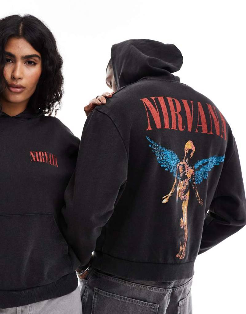 ASOS DESIGN - Unisex-Kapuzenpullover in verwaschenem Schwarz mit „Nirvana"-Prints und Oversize-Passform von ASOS DESIGN