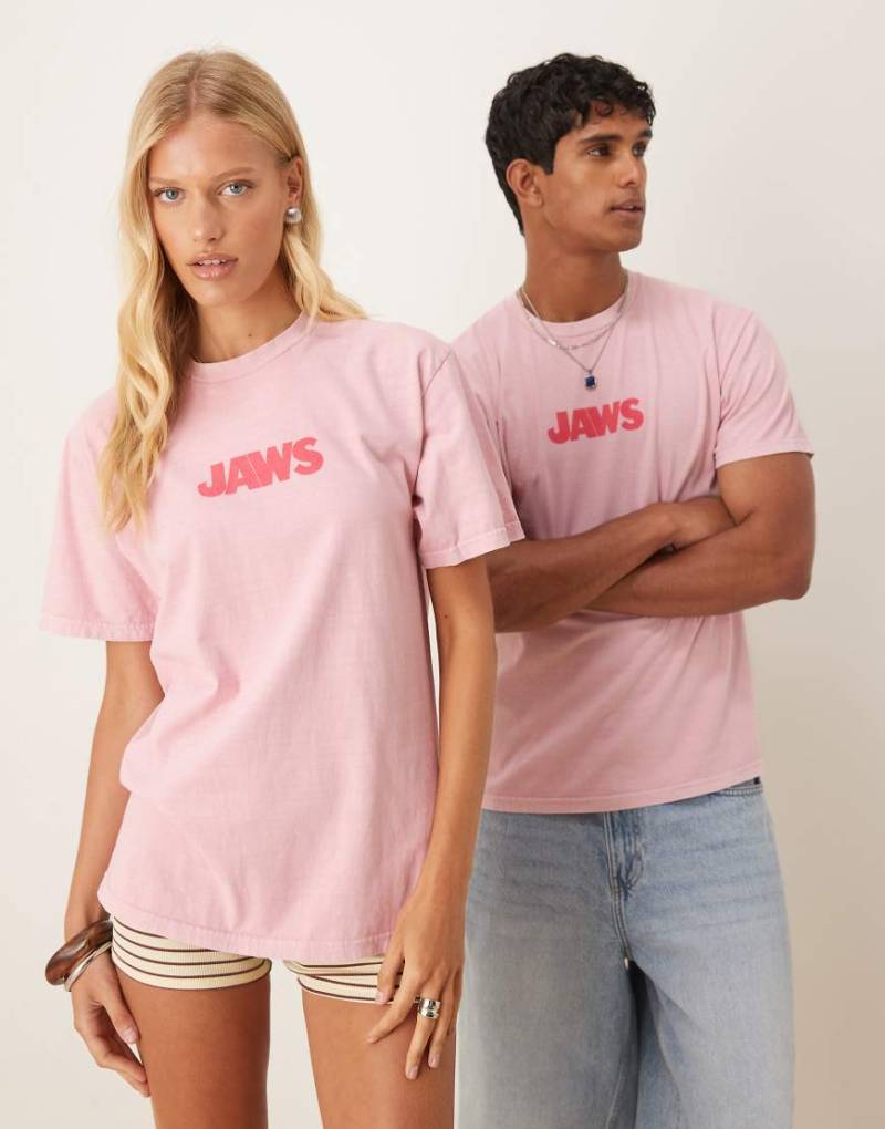 ASOS DESIGN - Unisex-Oversize-T-Shirt in Rosa mit „Jaws"-Print von ASOS DESIGN