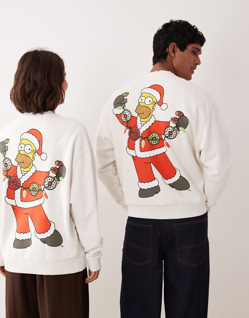 ASOS DESIGN - Unisex-Sweatshirt im Relaxed-Fit-Stil in Cremeweiß mit „The Simpsons"-Weihnachts-Print von ASOS DESIGN