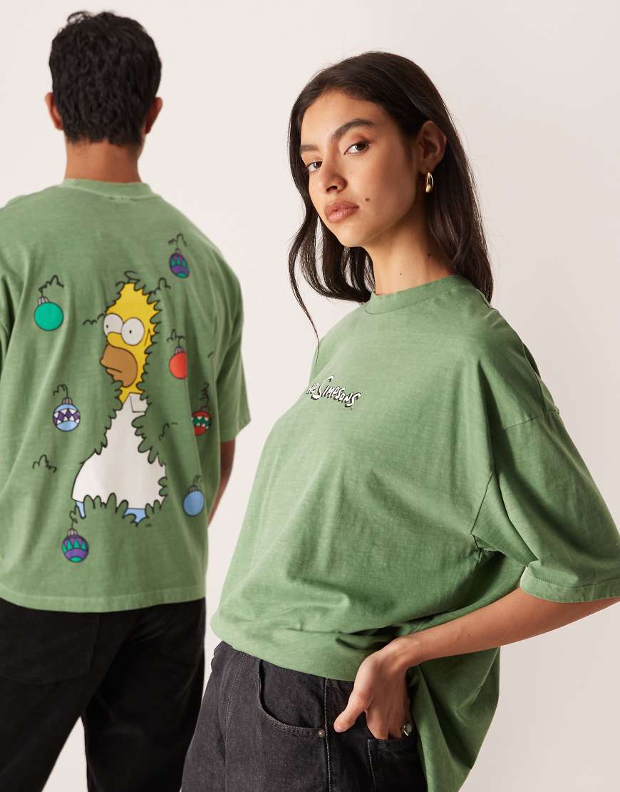 ASOS DESIGN - Unisex-T-Shirt in Dunkelgrün mit „The Simpsons"-Weihnachts-Print und Oversize-Schnitt von ASOS DESIGN