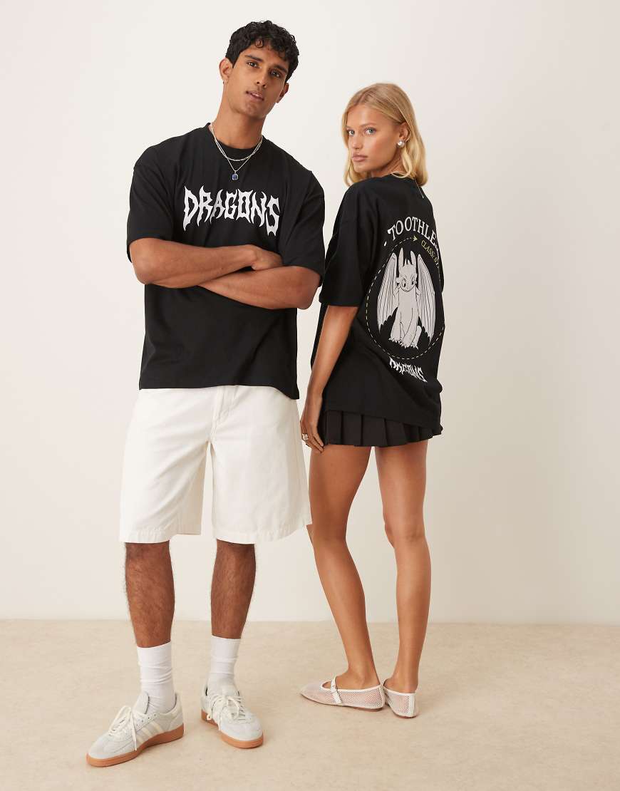 ASOS DESIGN - Unisex-T-Shirt in Schwarz mit Oversize-Passform mit „Drachenzähmen leicht gemacht"-Toothless-Print von ASOS DESIGN
