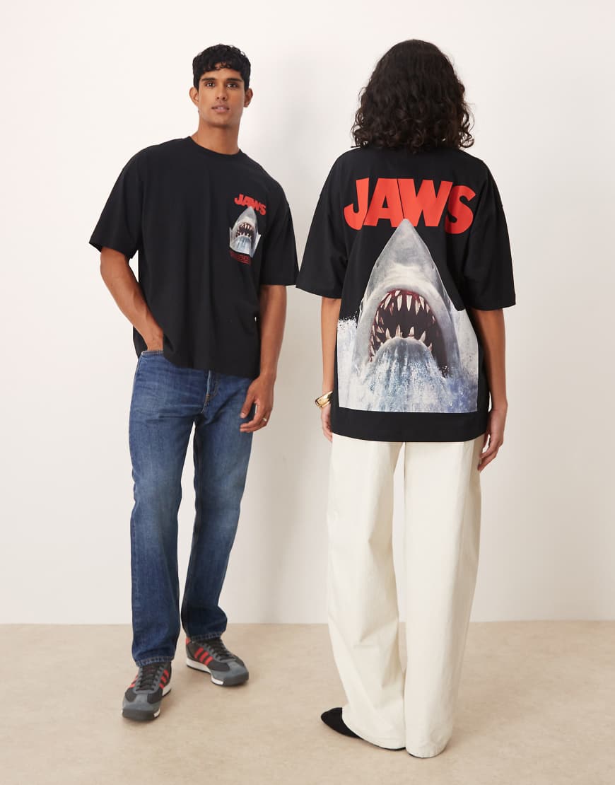 ASOS DESIGN - Unisex-T-Shirt in Schwarz mit Oversize-Schnitt und „Jaws"-Print-Weiß von ASOS DESIGN