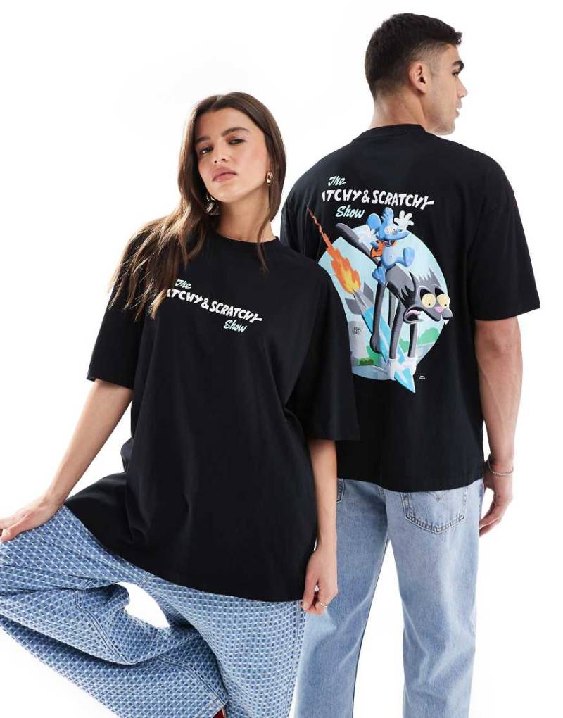 ASOS DESIGN - Unisex-T-Shirt in Schwarz mit Oversize-Schnitt und „The Simpsons Itchy and Scratchy"-Prints von ASOS DESIGN
