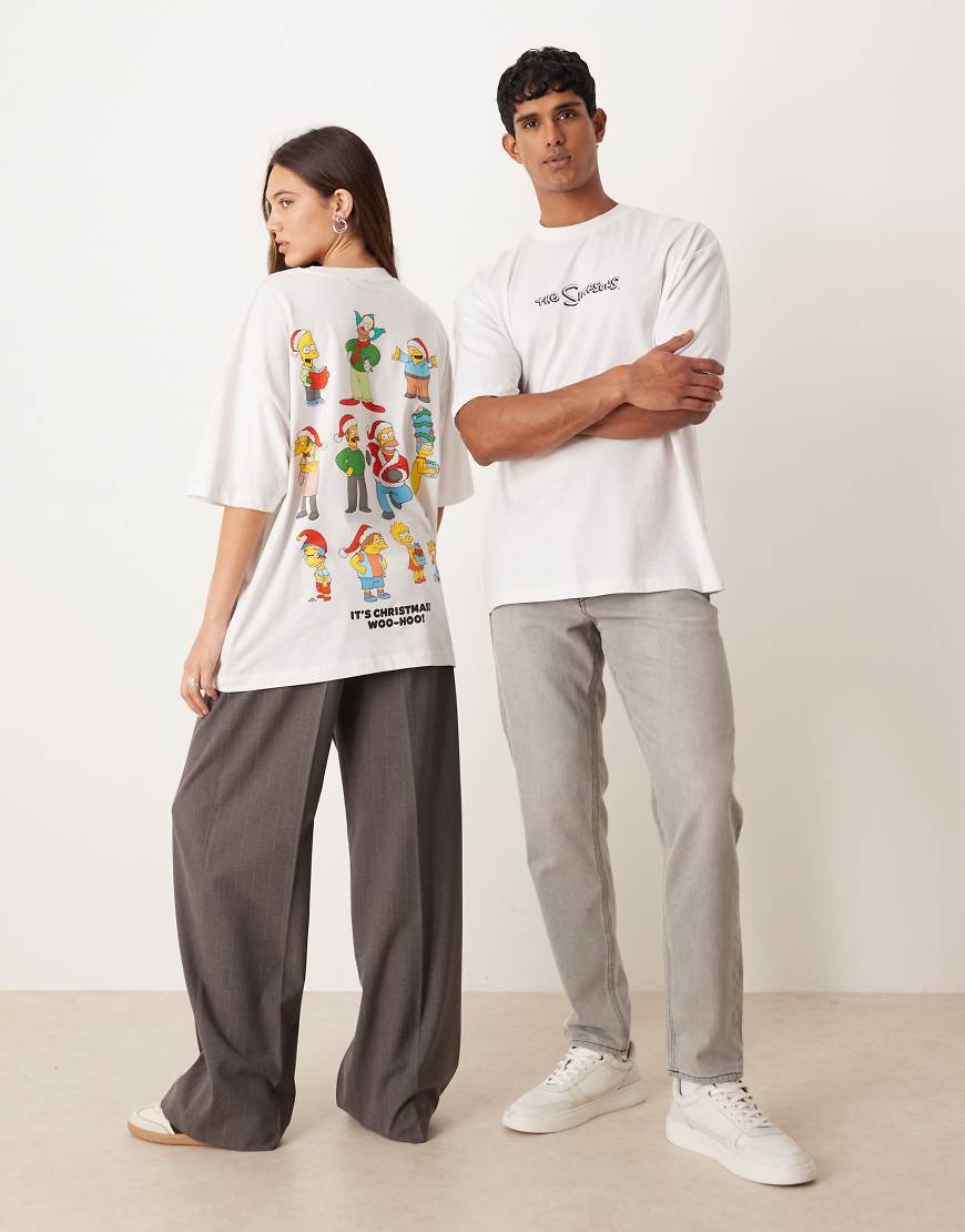 ASOS DESIGN - Unisex-T-Shirt in Weiß mit „The Simpsons"-Weihnachts-Print und Oversize-Schnitt von ASOS DESIGN