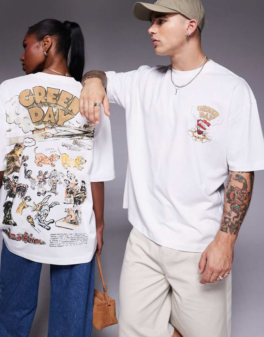 ASOS DESIGN - Unisex-T-Shirt in Weiß mit Oversize-Schnitt und lizentierten „Green Day"-Prints ASOS DESIGN - Unisex-T-Shirt in Weiß mit Oversize-Schnitt und lizentierten „Green Day"-Prints von ASOS DESIGN