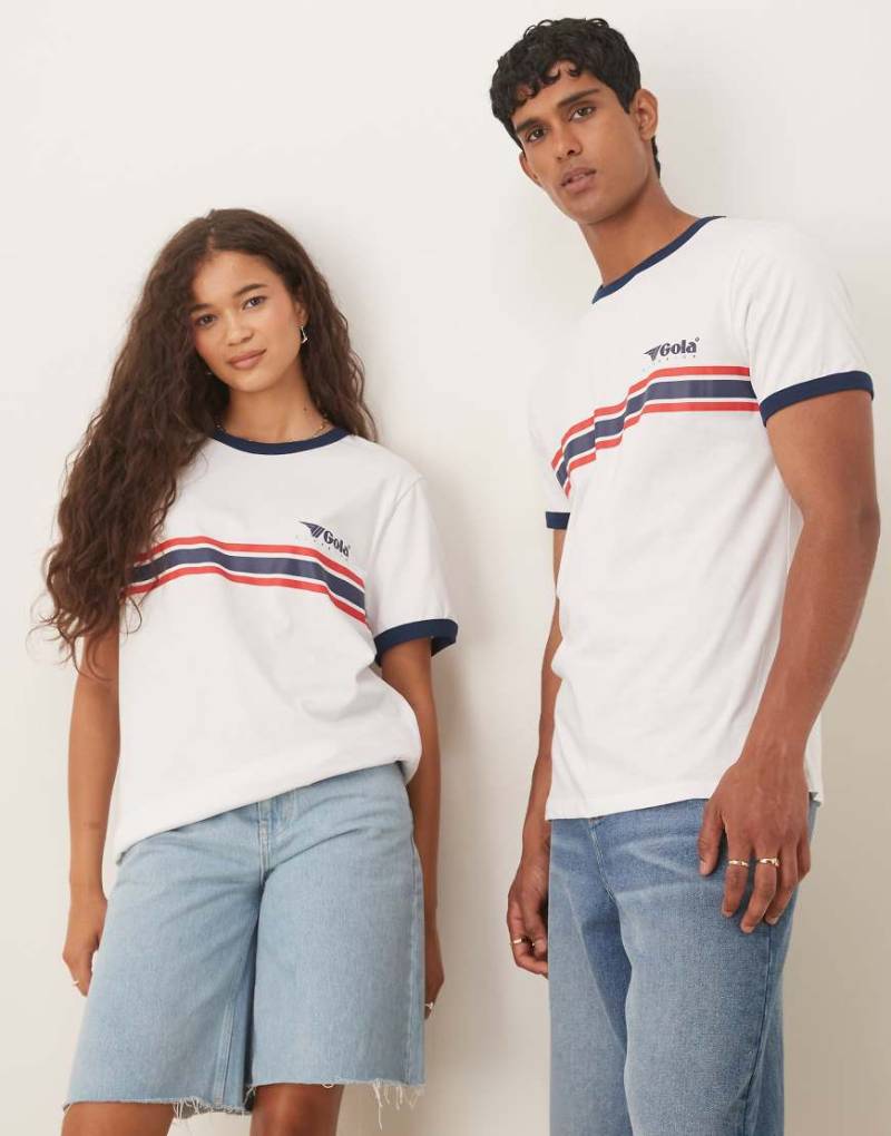 ASOS DESIGN - Unisex-T-Shirt in Weiß mit Streifendesign, Gola-Schriftzug und normaler Passform von ASOS DESIGN