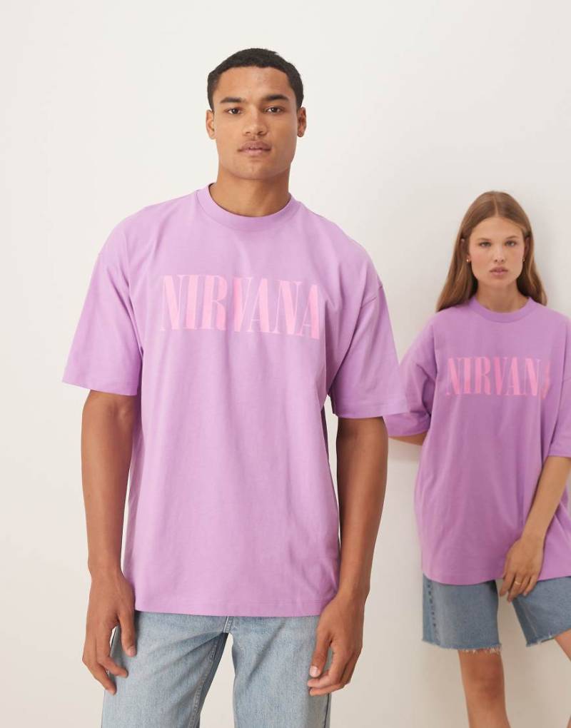 ASOS DESIGN - Unisex-T-Shirt in verwaschenem Lila mit Nirvana-Print und Oversize-Schnitt von ASOS DESIGN