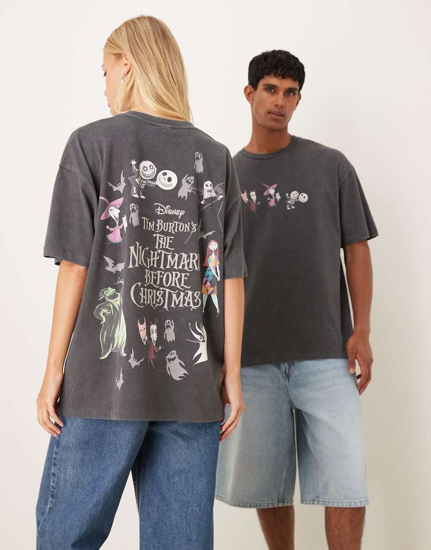 ASOS DESIGN - Unisex-T-Shirt in verwaschenem Schwarz mit „The Nightmare Before Christmas"-Prints von Disney und Oversize-Passform-Grau von ASOS DESIGN