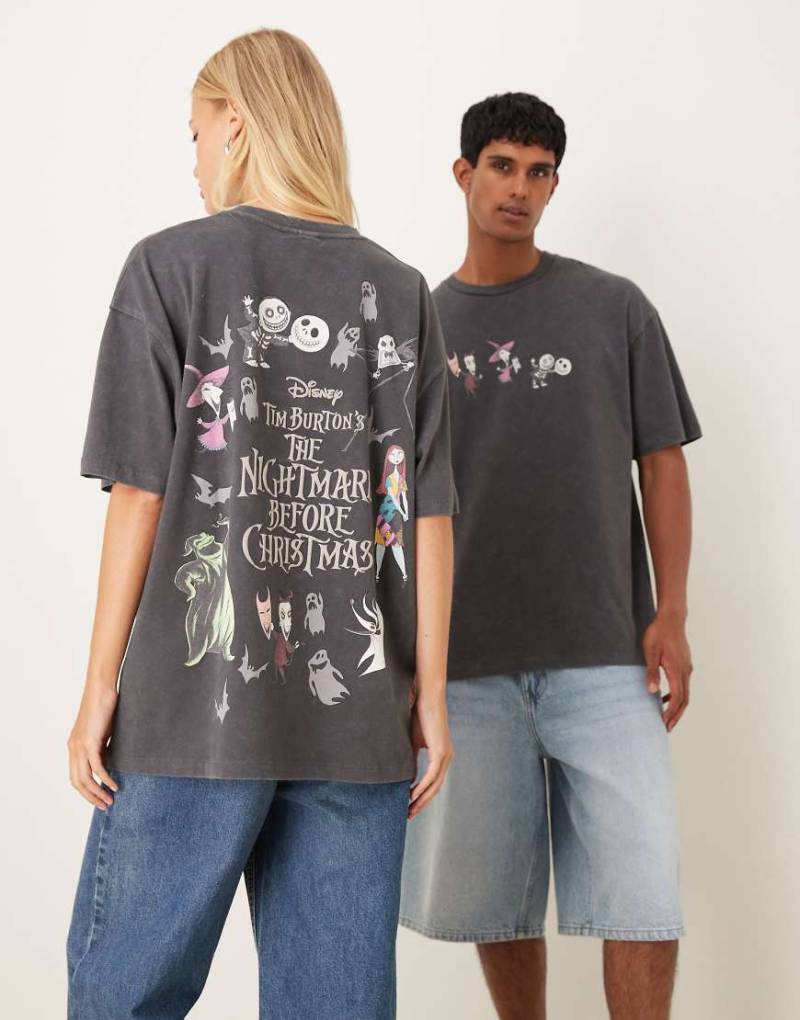 ASOS DESIGN - Unisex-T-Shirt in verwaschenem Schwarz mit „The Nightmare Before Christmas"-Prints von Disney und Oversize-Passform-Grau von ASOS DESIGN