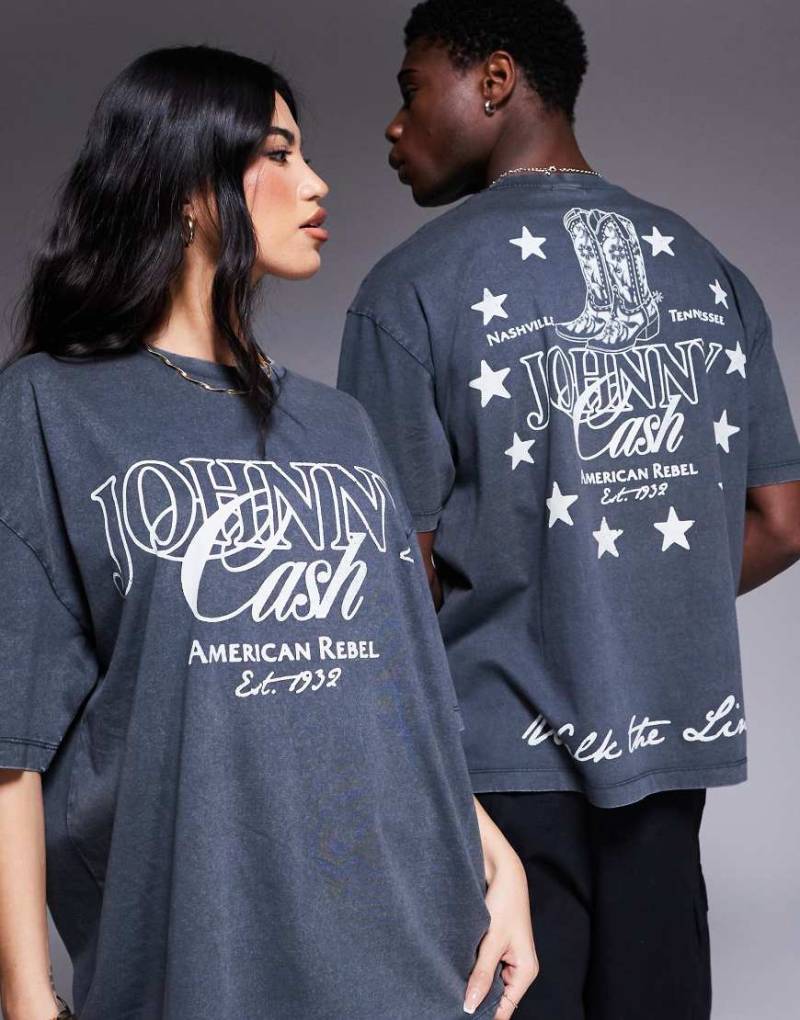 ASOS DESIGN - Unisex-T-Shirt in verwaschenem Schwarz mit Johnny-Cash-Prints und Oversize-Schnitt von ASOS DESIGN