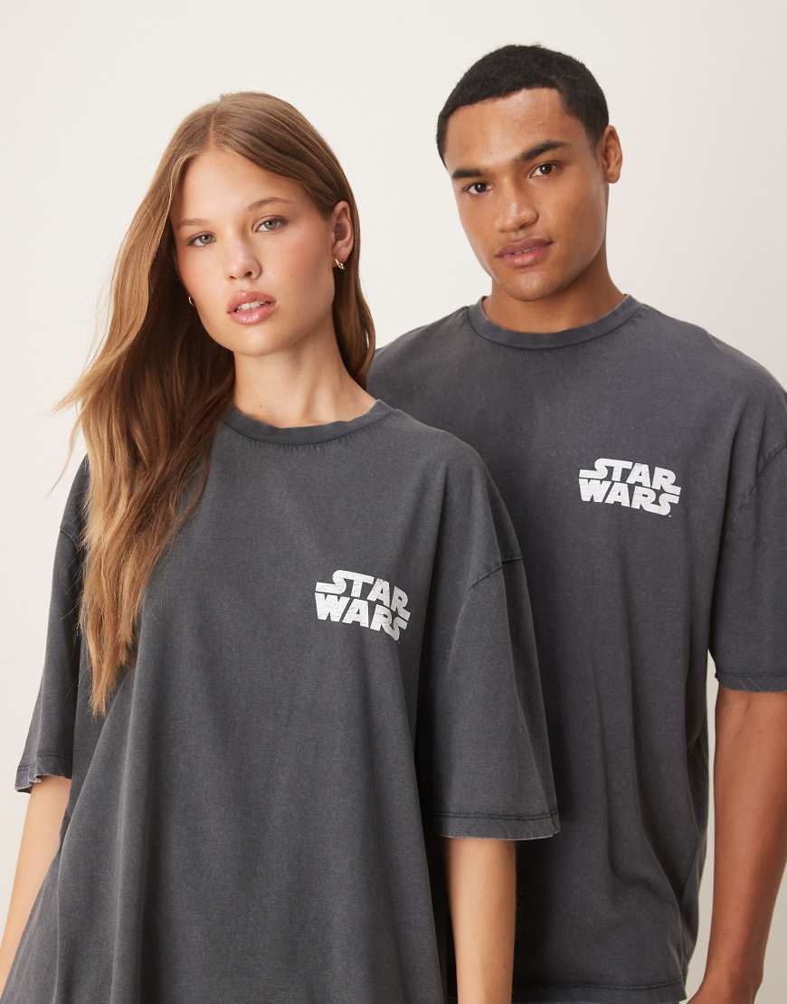 ASOS DESIGN - Unisex-T-Shirt in verwaschenem Schwarz mit Oversize-Passform und Star Wars Episode I-Prints von ASOS DESIGN