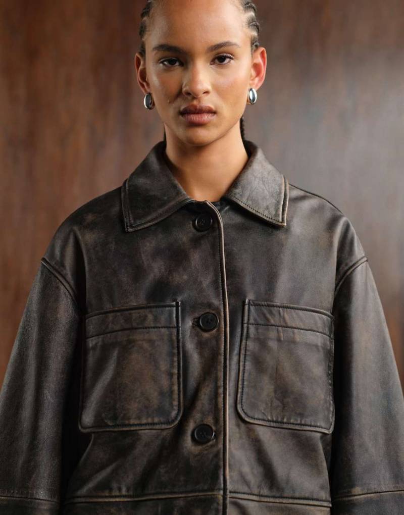 ASOS DESIGN - Used-Look-Jacke in verwaschenem Schwarz aus Leder mit Kragen von ASOS DESIGN