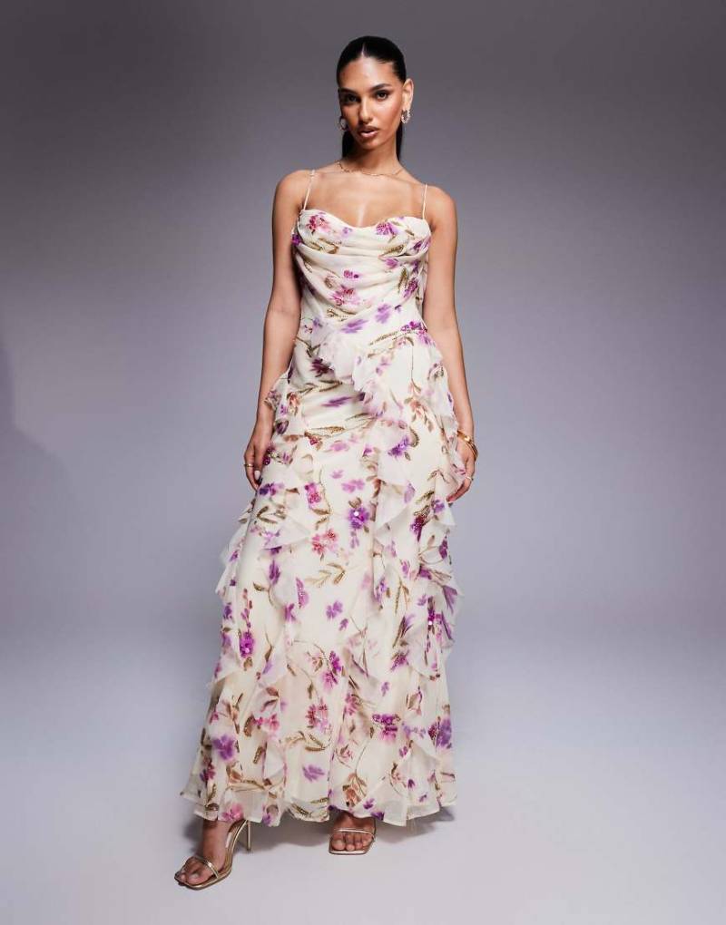 ASOS DESIGN - Verziertes Chiffon-Maxikleid in Elfenbein geblümt mit Rüschen und Camisole-Trägern-Bunt von ASOS DESIGN