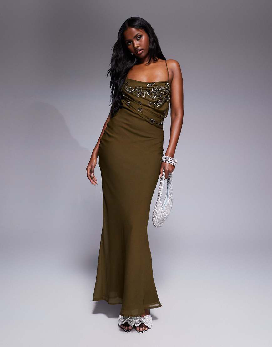 ASOS DESIGN - Verziertes Maxikleid in Khaki mit drapiertem Camisole und asymmetrischem Rock-Grün von ASOS DESIGN