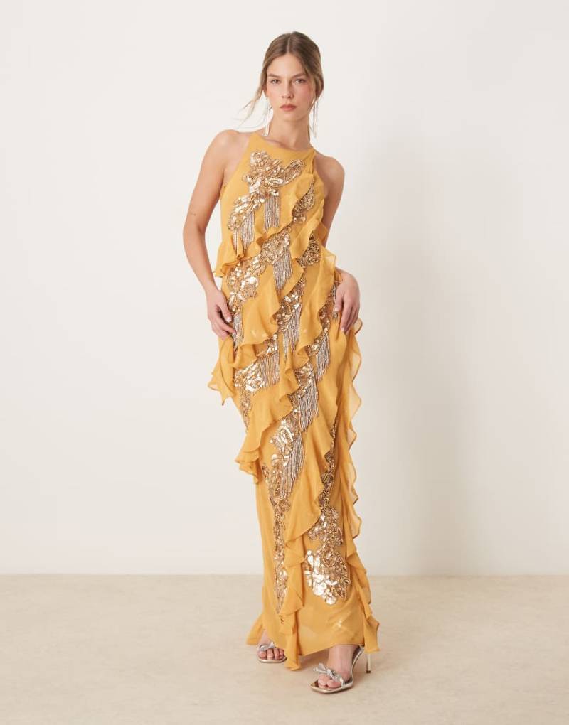 ASOS DESIGN - Verziertes Maxikleid in Ringelblumengelb mit Racerdesign und Rüschen-Goldfarben von ASOS DESIGN