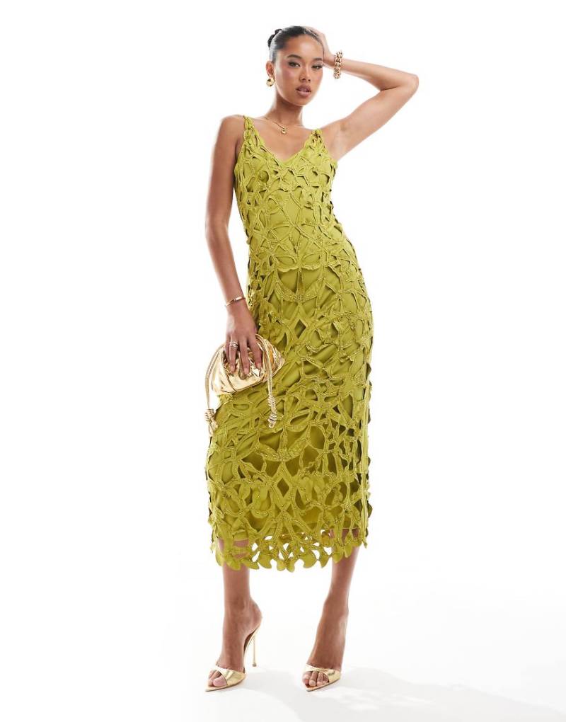ASOS DESIGN - Verziertes Midikleid in Chartreuse mit offener Durchbrucharbeit-Schwarz von ASOS DESIGN